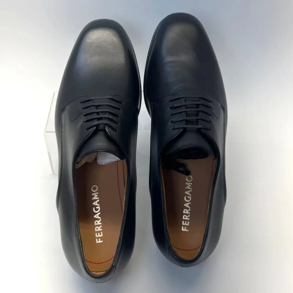 Ferragamo Fosco Men Leather Shoes Black Derby Oxfords Size 9.5